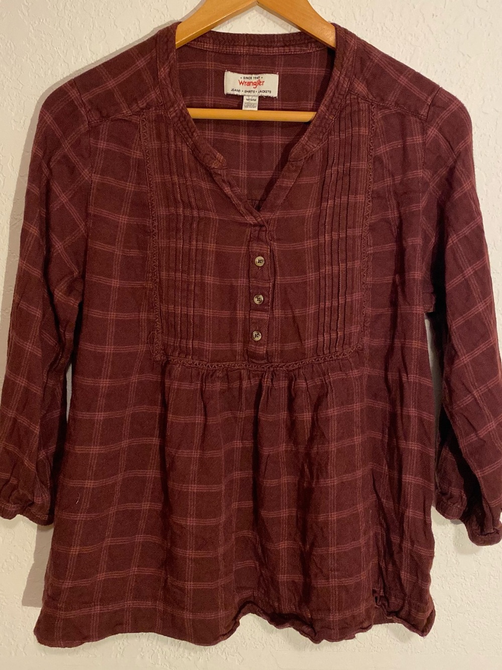 Wrangler Burgundy Plaid Boho Pintuck Blouse Size M